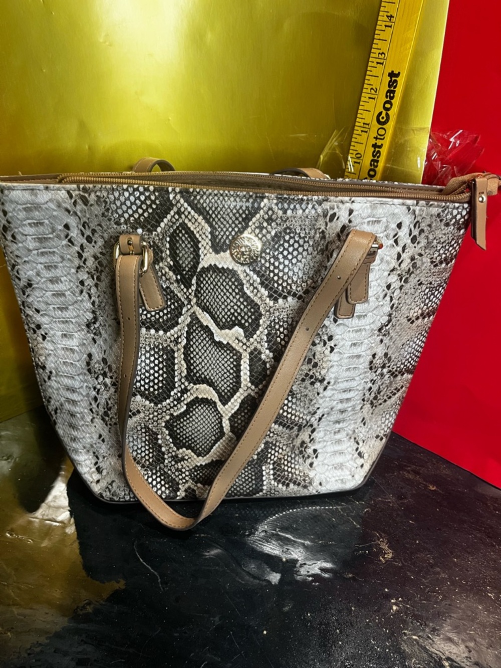Anne Klein Snake-Print Shoulder Tote with Tan Straps